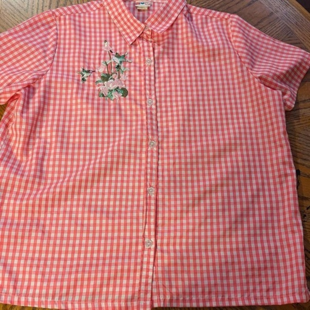 American Sweetheart Pink Gingham Hummingbird Embroidered Button Up Shirt‎ XL
